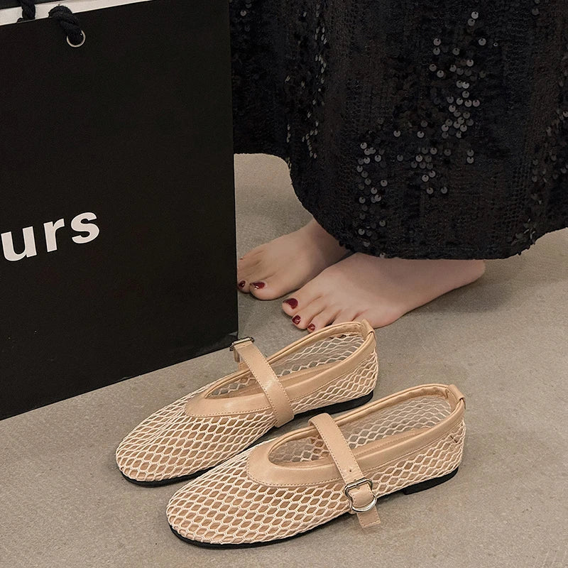 2025 Women’s Round Toe Flat Shoes — Breathable Hollow Ballet Mary Jane Sandals Casual Designer Style