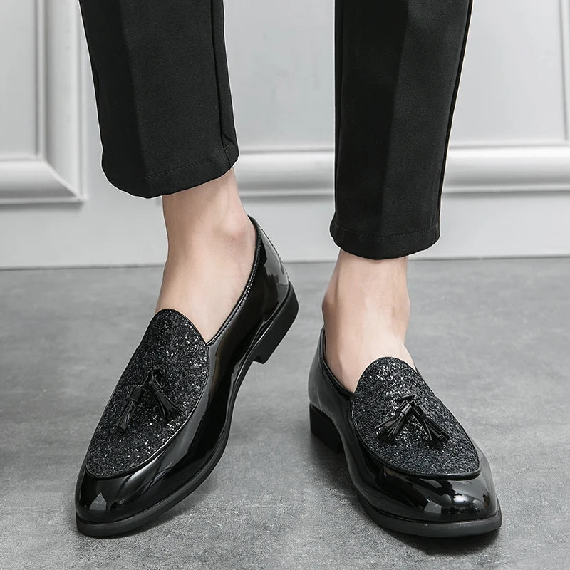 New Arrival Men's Fashion Patent Leather Sequin Tassel Dress Business Office Shoes Male Charm Wedding Party Prom Flats Footwear