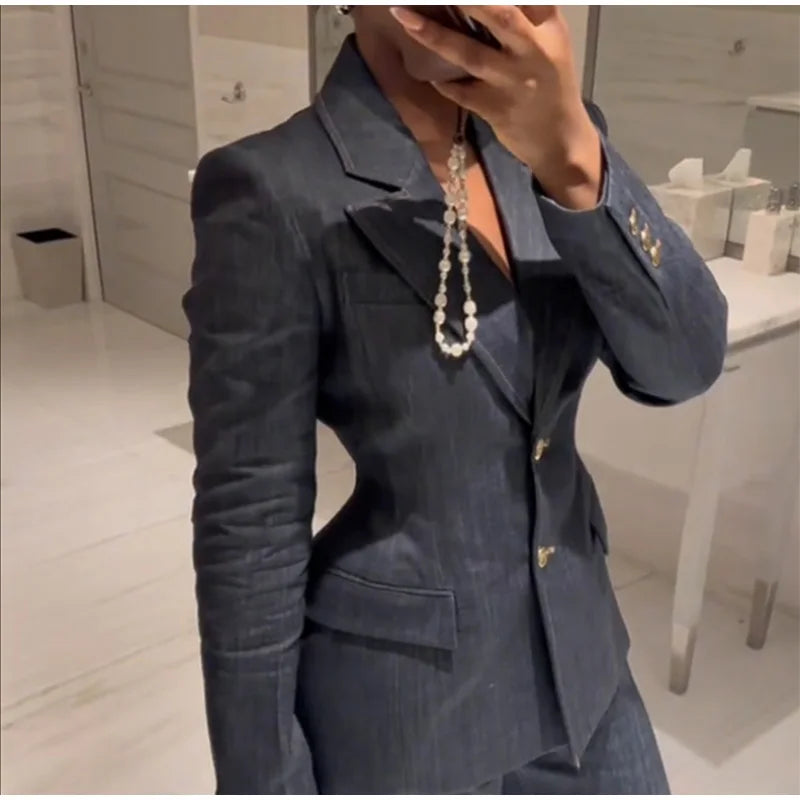 Elegant Denim Blazer Vest Pants Set Women Single-breasted V-Neck Suit Coat Strapless Tanks Straight Leg Jeans 2025 New Lady Suit