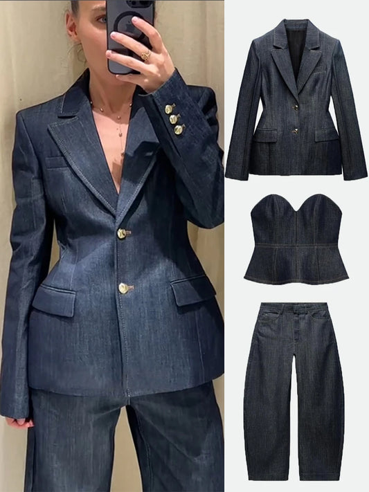 Elegant Denim Women's Trousers Sets Casual High Waist Vest Long Sleeve Slim Jacket Long Trousers Vintage Ladies High Street Suit