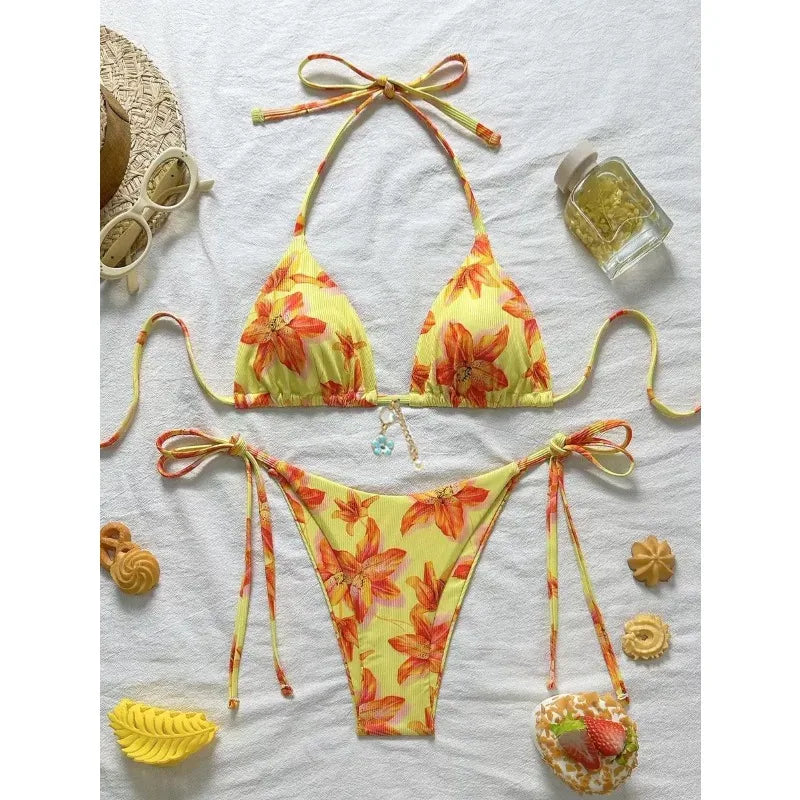Floral Print Tie Side Bikini Set Women Sexy Trendy Cute Yet Sultry Premium Two Piece Swimsuit for Beach Hot Spring Vacation