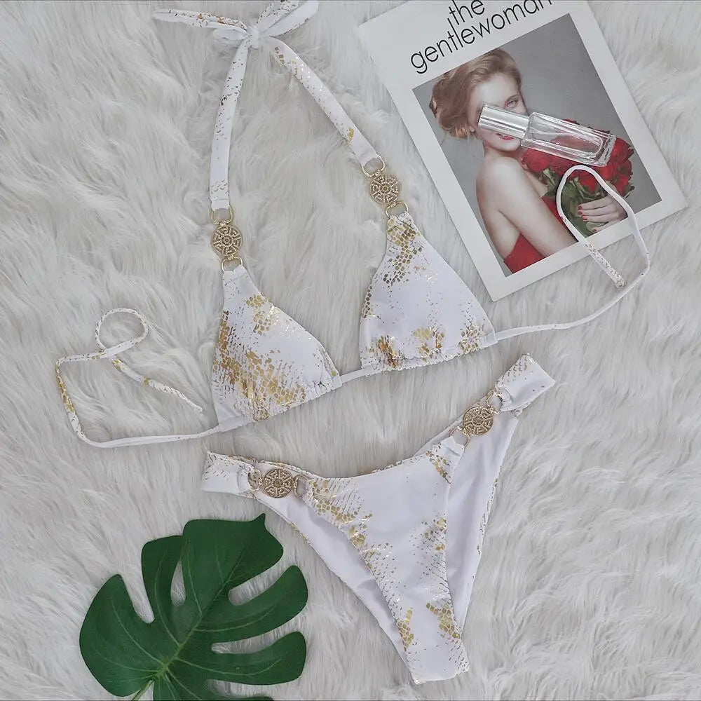 Women’s 2026 White Snake‑Skin Rhinestone Micro Bikini – Luxury Brazilian Push‑Up Thong Swimsuit
