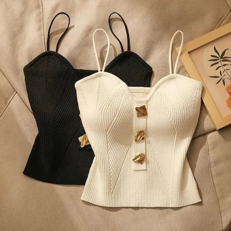 Women Knitted Camis Tank Cropped Tops Summer Fashion Lady Metallic Gold Button Slim Y2K Tube Camisole Vests TSNFS-AM0333