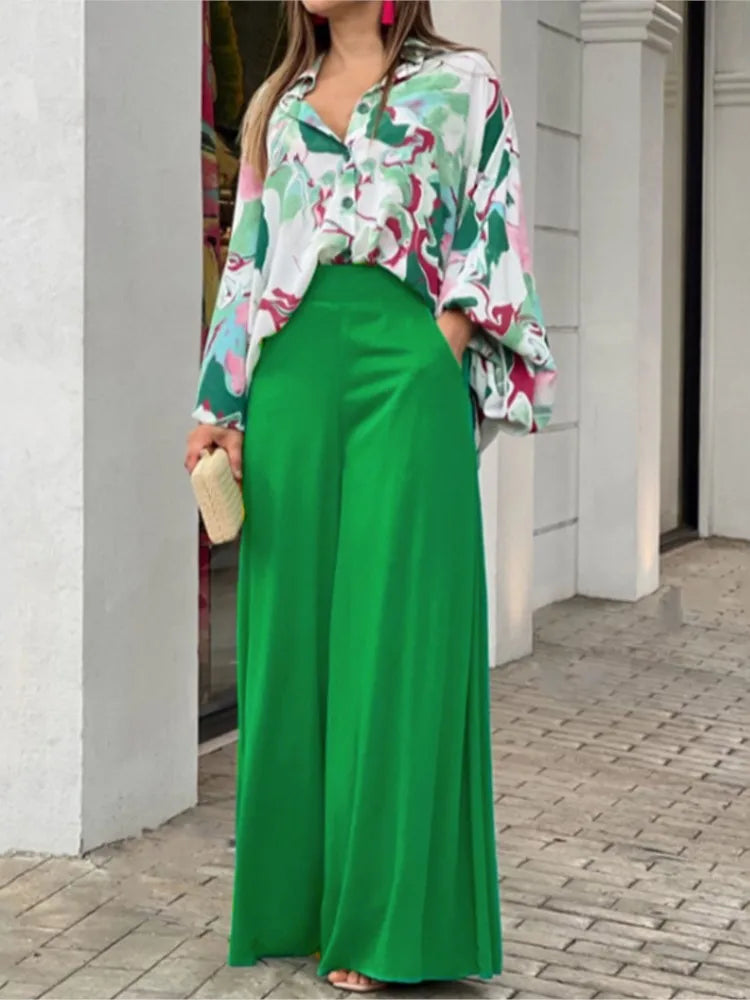 Spring And Autumn For Women's Printed Long Sleeved Shirt Set Casual Fashion Elegant Wide Leg Trousers Female Office 2 Piece Set