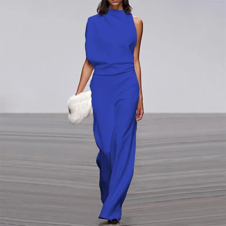 Solid Color Irregular Sleeveless Jumpsuits Women Fashion Temperament Sexy Backless Folds Slightly Flared Jumpsuit Female 2025