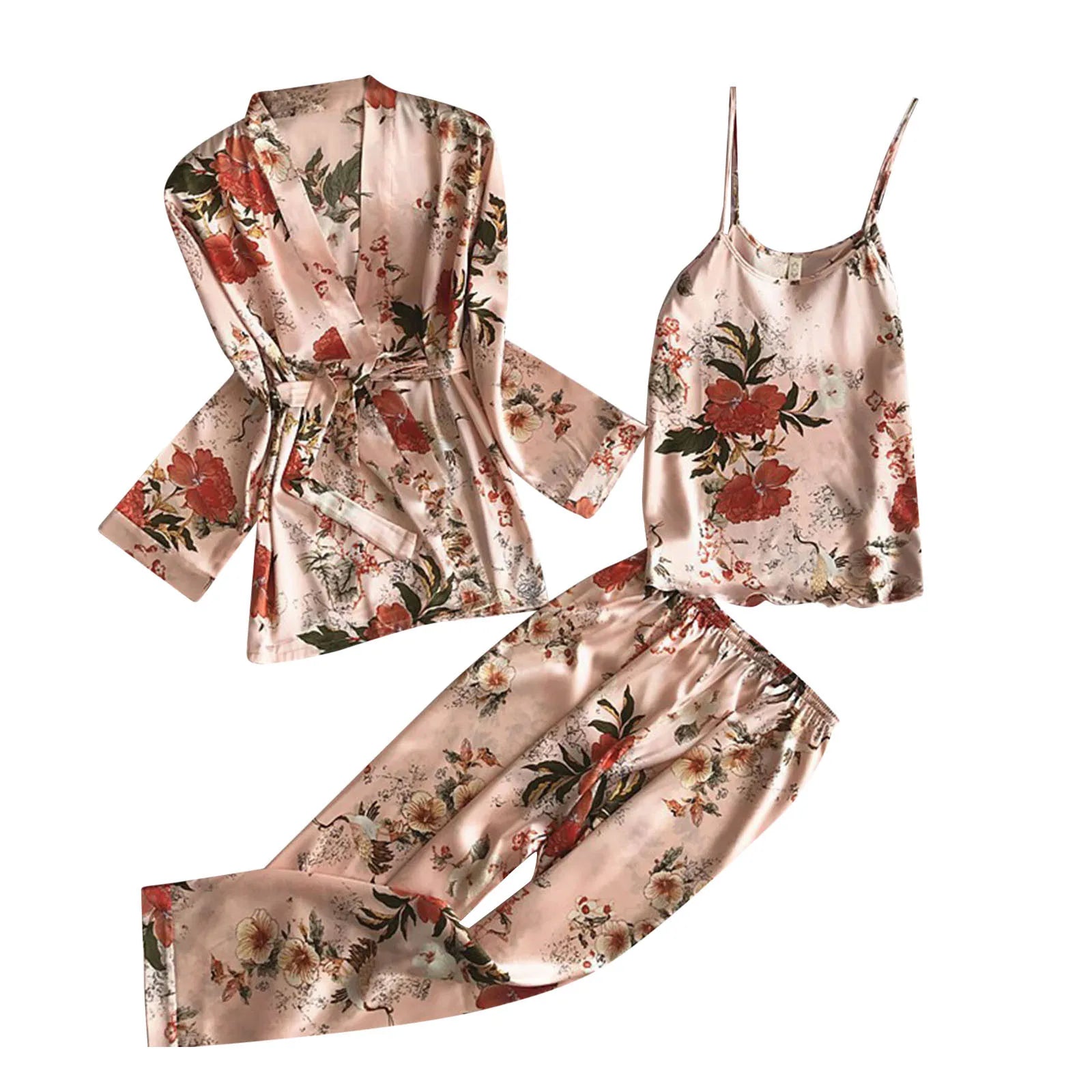Women's Pajamas Sets Soft Silky Satin Folral Print Homewear Three Piece Home Suit Tank Top And Pants Pajamas Set With Nightgowns