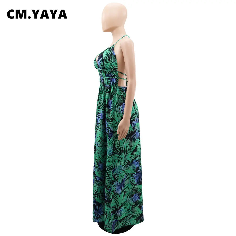 CM.YAYA Women Leaf Printed Spaghetti Strap Backless Deep V-neck Straight Maxi Long Dress 2023 Beach Sexy Street Vestidos Dresses