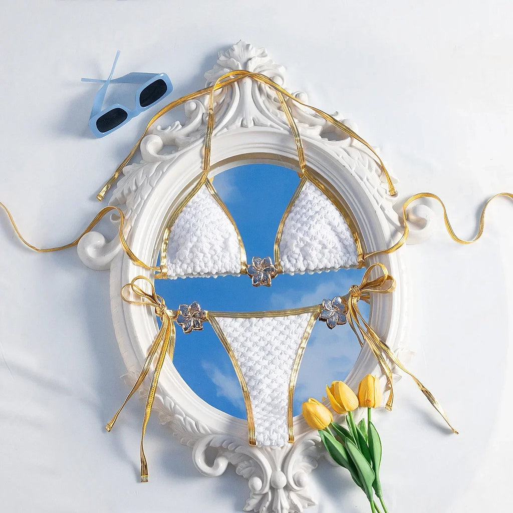2026 Sexy White & Gold Contrast Bikini — Metal Starfish Push‑Up Triangle Micro Swimsuit for Women
