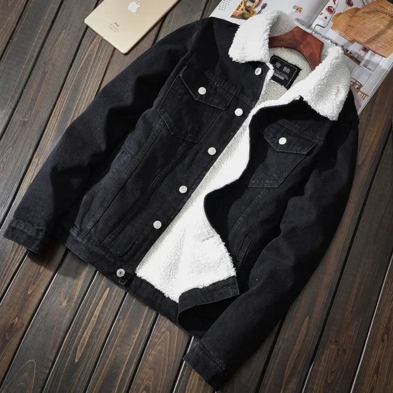 Men's Autumn Winter Solid Casual Jacket Denim Jacket Male Thickened Lamb Fleece Lined Warm Coats for Men Plus Size S-6XL