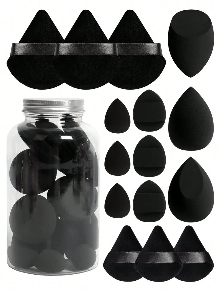 15pcs Makeup Sponge Set with Storage Jar – Powder Puff, Mini Finger Puff & Triangle Air Cushion Blenders