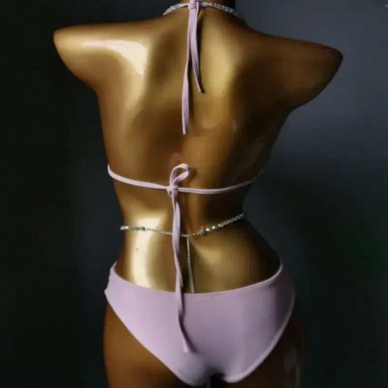 Diamante Bikini Sexy Nightclub Bar DJ Pole Dancing Bikini Sparkly Rhinestones Bra Shorts 2-Piece Set Party Performance Costume