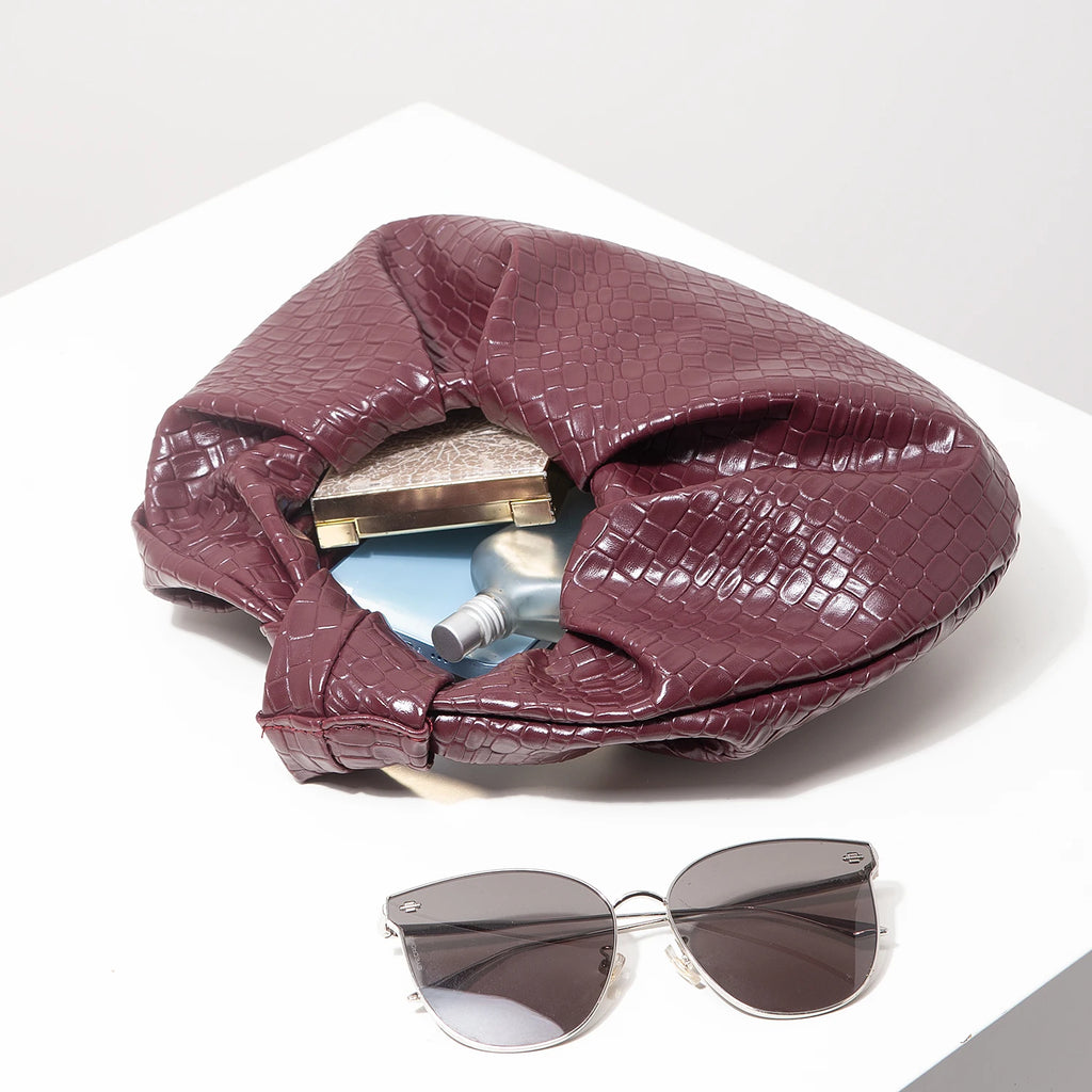 Retro Artificial Leather Woven Pattern Handbag, Knotted Decorative Crescent Bag, Pleated Cloud Bag, Women's Party Dress, Burgundy Wallet, Elegant Evening Bag (Random Pattern)