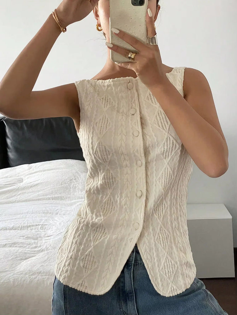 Women’s Sleeveless Geometric‑Texture Single‑Breasted Shirt – Casual Summer Minimalist Top