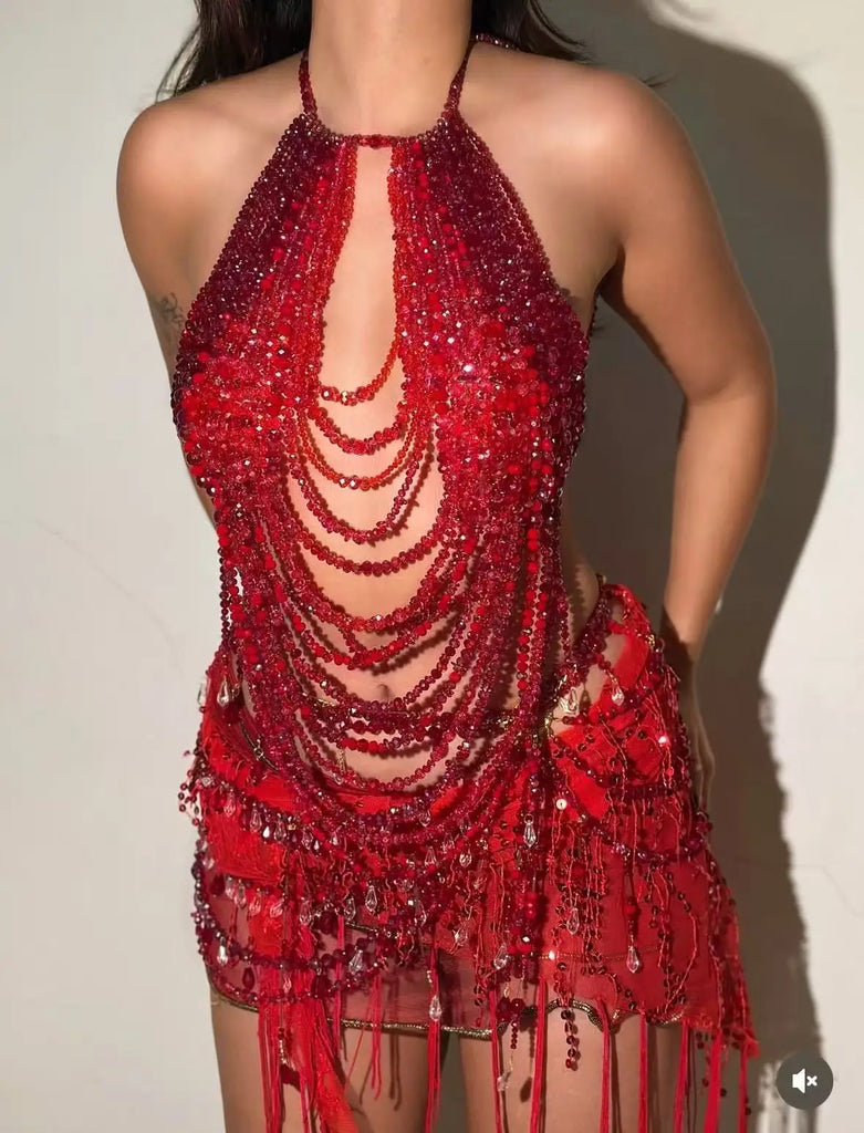 2025 Red Heavy Metal Beaded Body Chain — Y2K Cutout Sexy Nightclub Party Top for Women