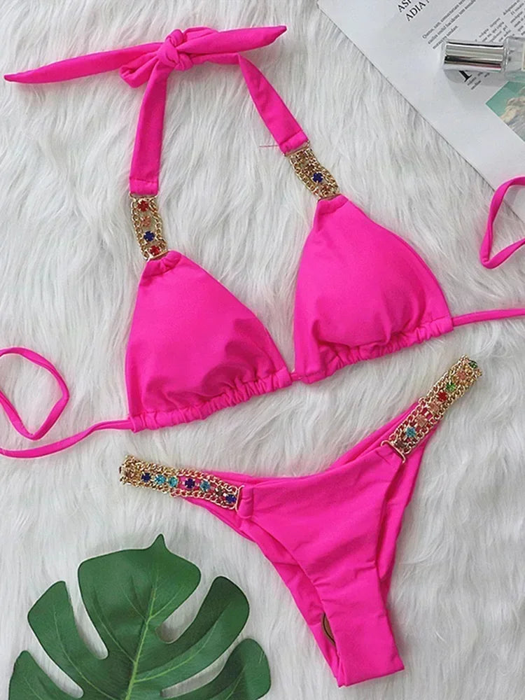Women’s 2026 Rhinestone Diamond Bikini – Halter Chain Two‑Piece Swimsuit, Sexy Shiny Brazilian Swimwear