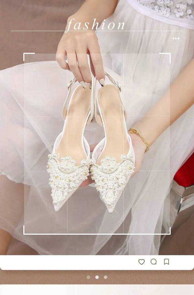 2025 White Wedding Shoes Bridesmaid Shoes Women's Lace Shoes Fashion High Heels Pearl Pumps