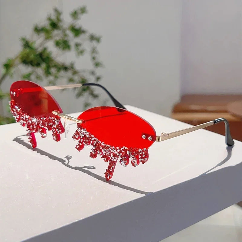 KAMMPT Rimless Tear Shaped Sunglasses with Rhinestones Women Fashion Decorative Shades Trendy Stylish Design Rave Sun Glasses