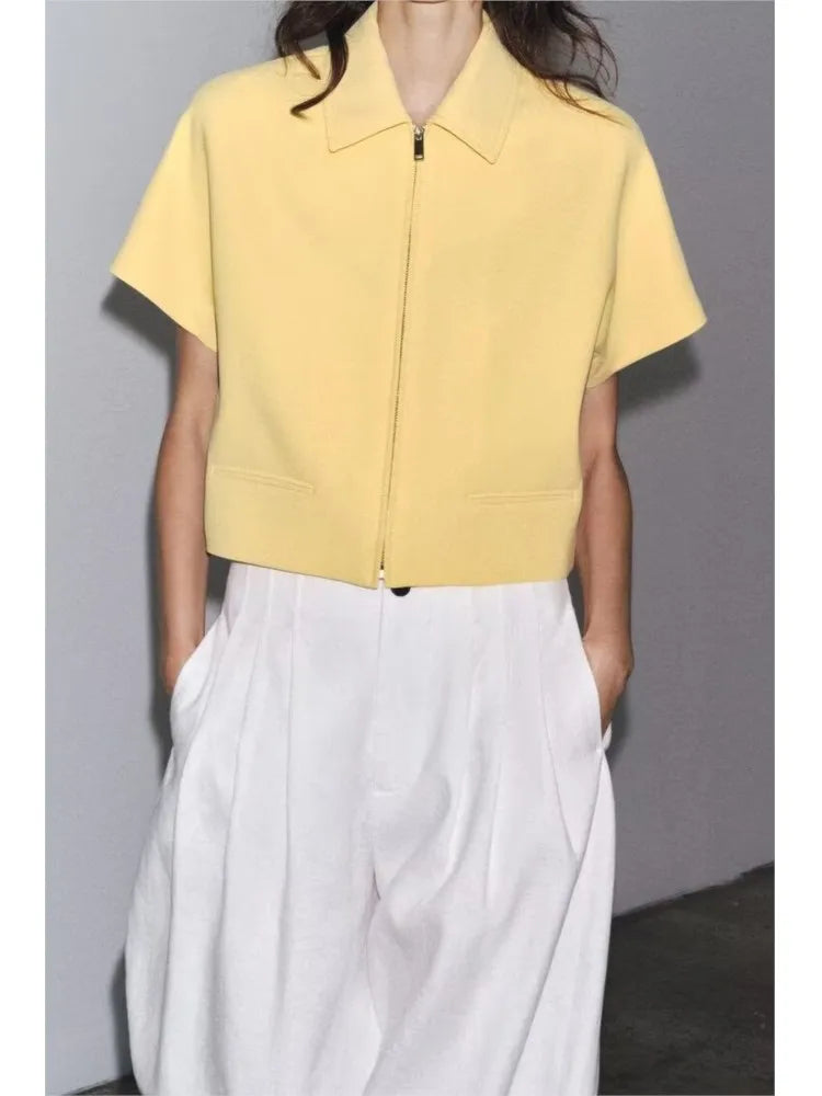 HipSeam Women Lapel Collar Short Jacket Women's Cropped Short Collared Jackets With Zipper Lady Short Sleeve Coat Female Jacket
