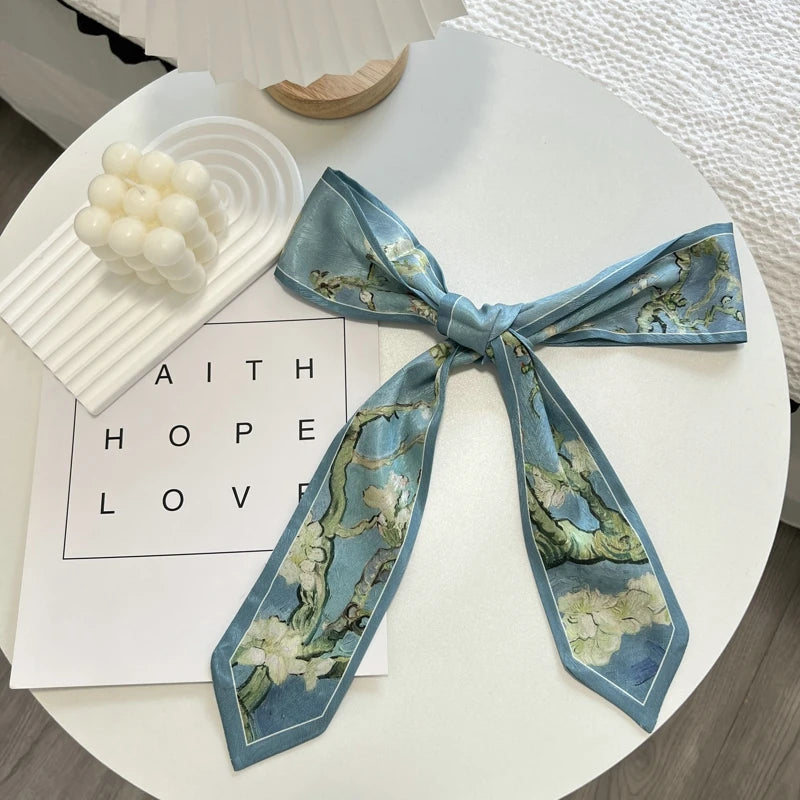 High-Grade Flower Print Long Silk Scarf Hair Band Ribbon Tied-up Hair Long Bow Vintage Satin Ribbon Hair Accessories For Women