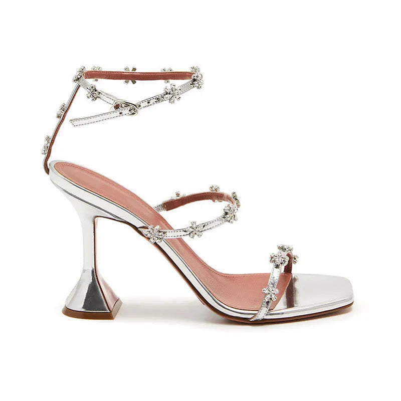 Luxury Crystal Flowers Women Sandals Fashion Ankle Strap Buckle High heels Gladiator sandals Elegant Summer Wedding Prom Shoes