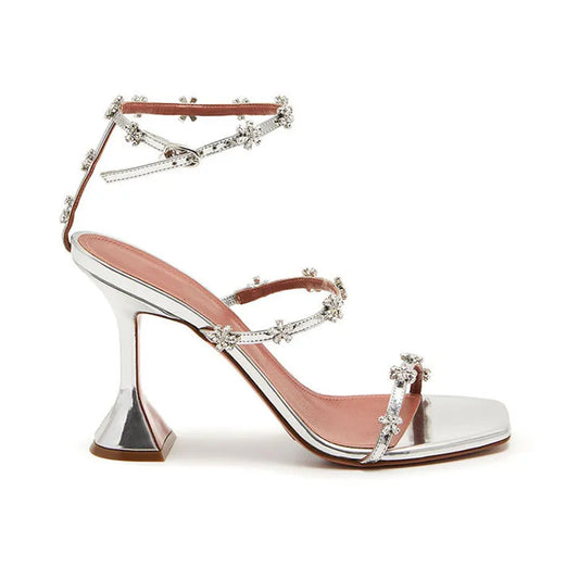 Luxury Crystal Flowers Women Sandals Fashion Ankle Strap Buckle High heels Gladiator sandals Elegant Summer Wedding Prom Shoes