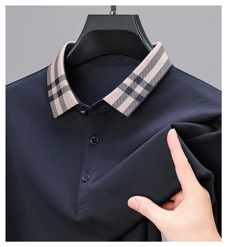 Men’s Light‑Luxury Long‑Sleeve Striped Polo Shirt