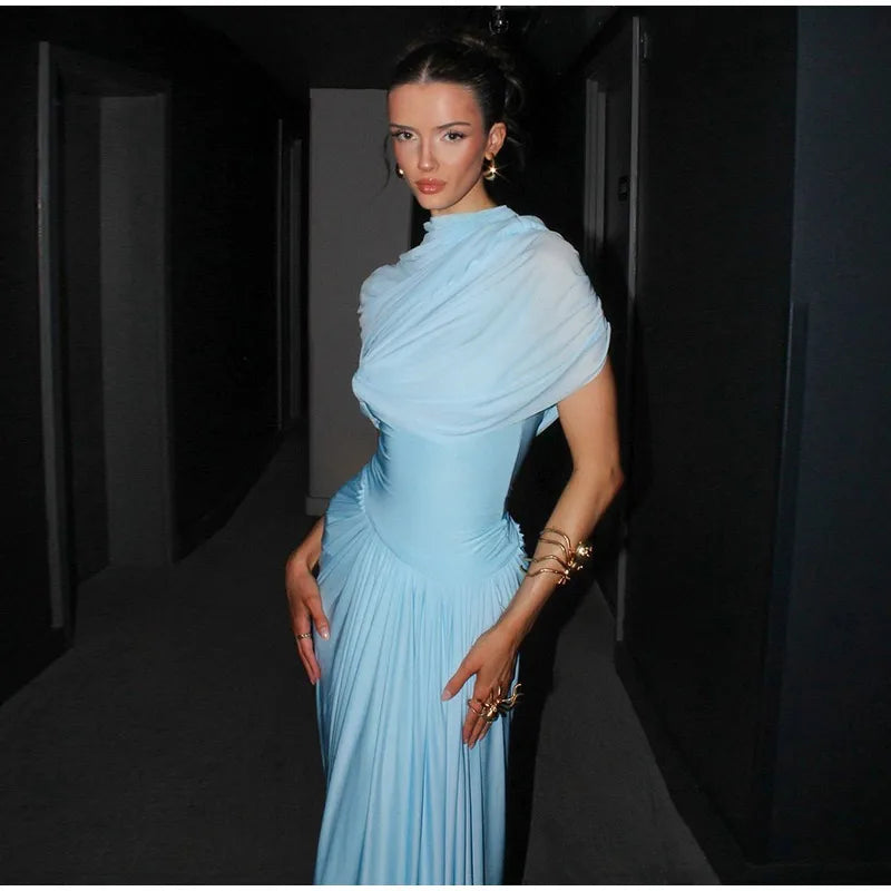 Irregular Shawl Blue Maxi Dress – Women’s 2025 Slim‑Fit Turtleneck Pleated Evening Party Dress