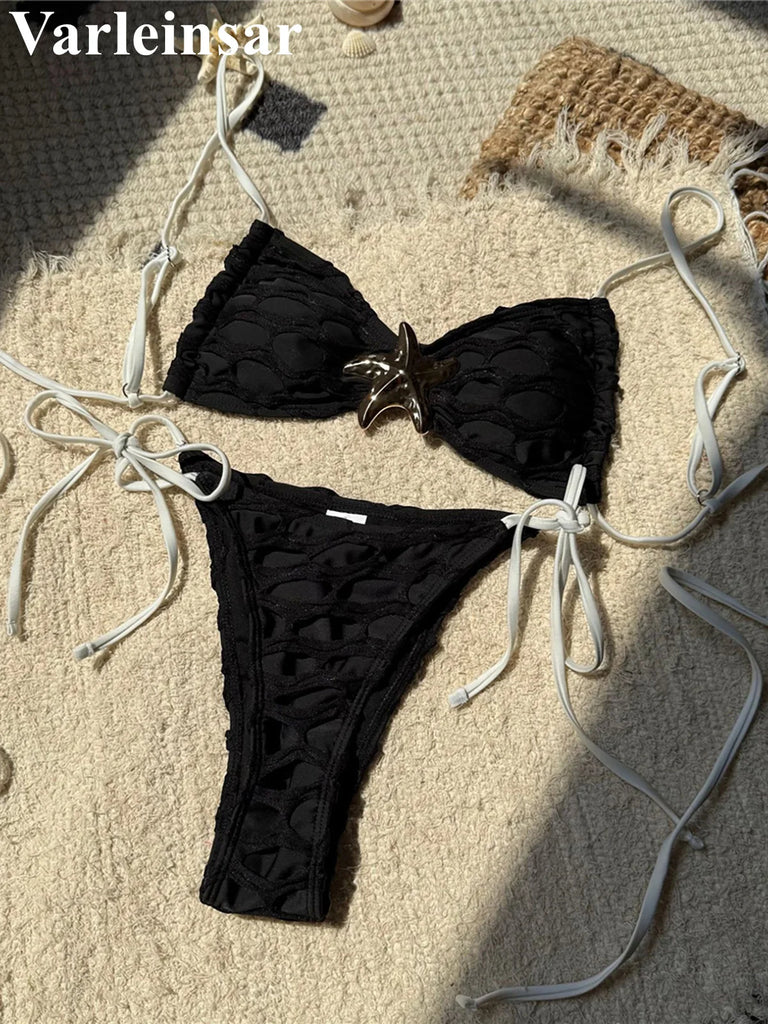 Women’s Metal Star High‑Cut Strappy Bikini – Sexy Two‑Piece Backless Swimsuit V6817