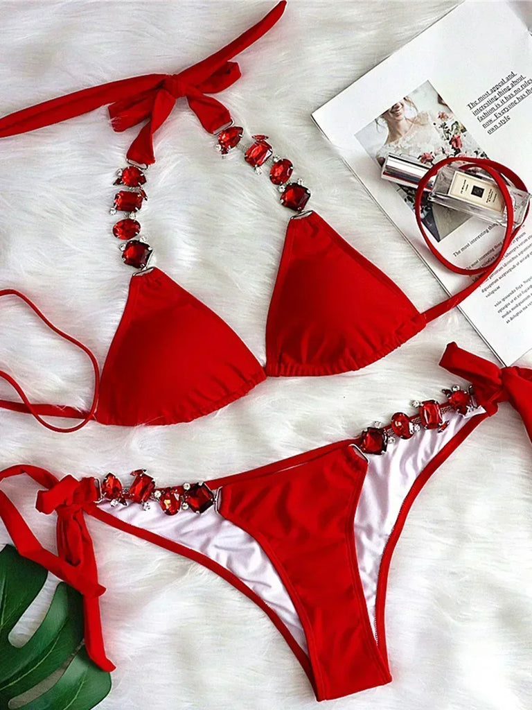 Women’s 2026 Rhinestone Diamond Bikini – Halter Chain Two‑Piece Swimsuit, Sexy Shiny Brazilian Swimwear