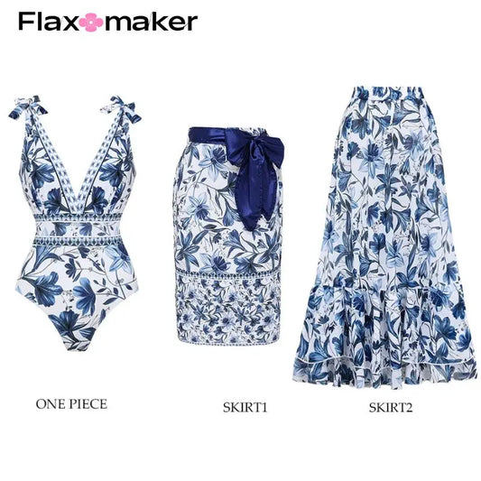 FLAXMAKER Lace‑Up V‑Neck Ruffle Monokini & Sarong
