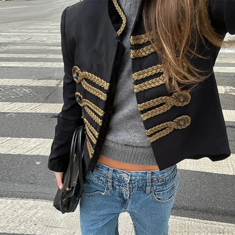 Napoleon Golden Short Jacket Women Vintage Stand Collar Long Sleeve Cropped Jackets 2026 Spring New Lady Outwear High Street