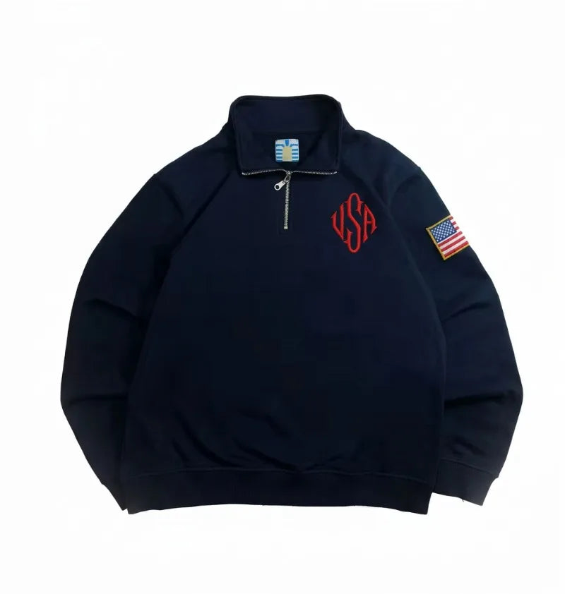 Y2K American Flag Embroider Hoodies Quarter Zip Sweatshirts Men Navy Blue White Pullover Patch Sleeve Streetwear Casual Sweater
