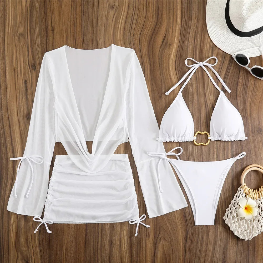 Women’s Brown Halter String Triangle Bikini Set — 4‑Piece Mesh Smock Cover‑Up Swimwear with Metal Ring Details