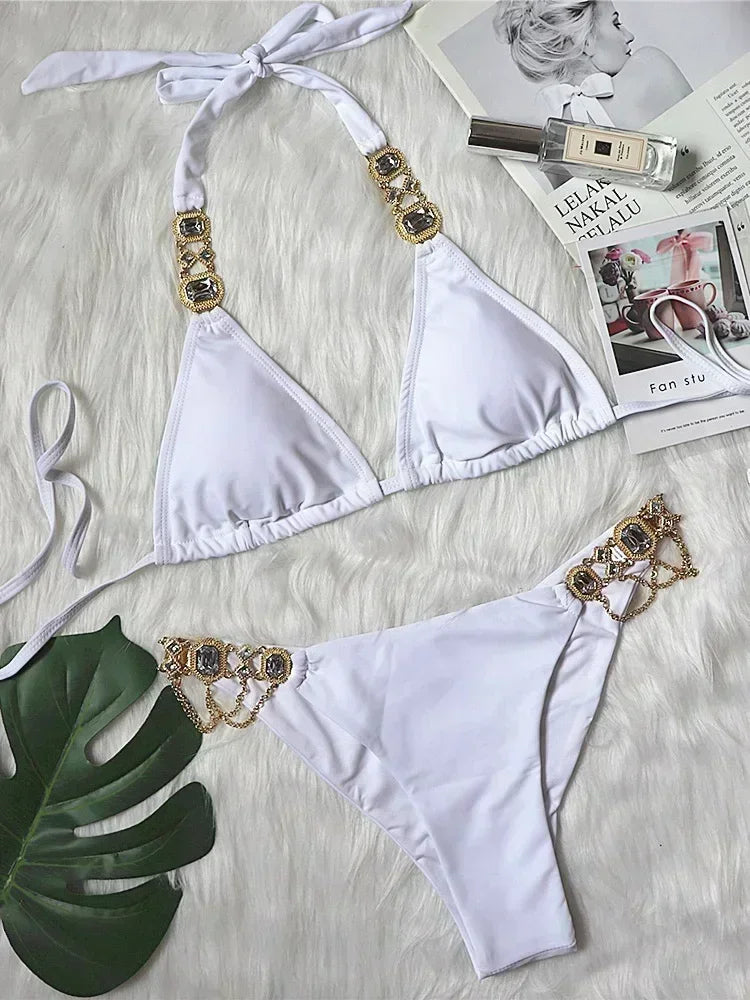 Women’s 2026 Rhinestone Diamond Bikini – Halter Chain Two‑Piece Swimsuit, Sexy Shiny Brazilian Swimwear