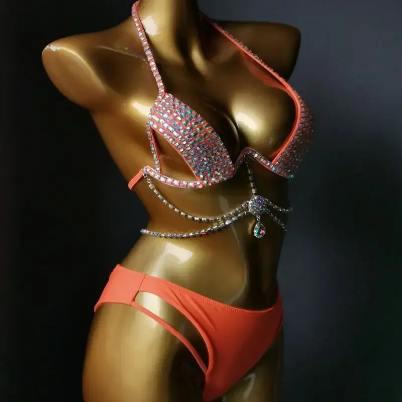 Diamante Bikini Sexy Nightclub Bar DJ Pole Dancing Bikini Sparkly Rhinestones Bra Shorts 2-Piece Set Party Performance Costume