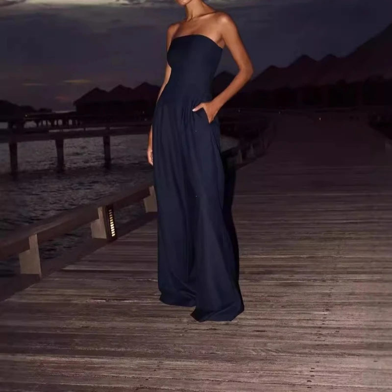Solid Backless Women's Jumpsuit Solid Off Shoulder Waist Cinching Pockets Wide Leg Pants Lady Bodysuit Summer Female Outwears
