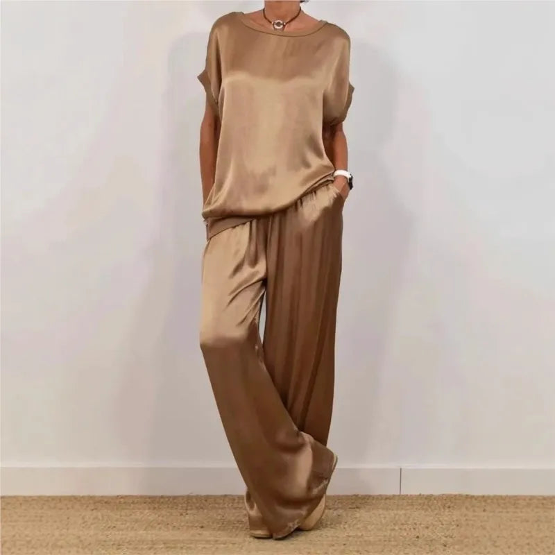 2025 Spring Satin Oversize Women Suit Black V-neck Tops Long Pants Loose Suits Female Summer Casual Trendy Ladies Clothes Sets