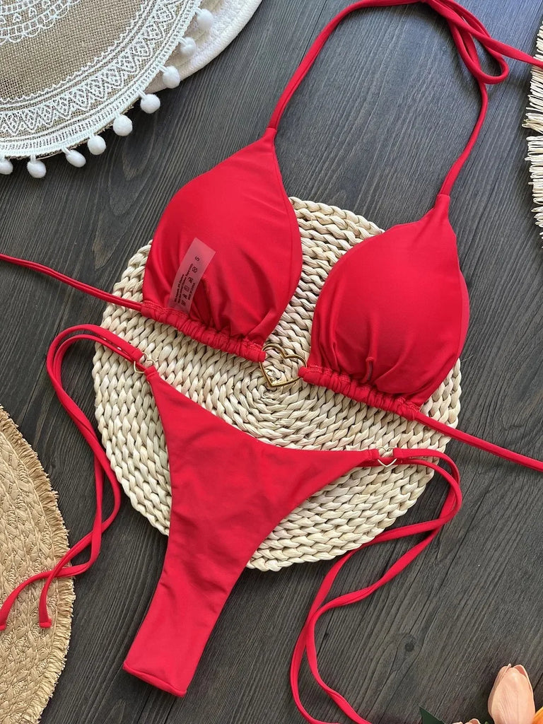 Women’s Sexy Halter Triangle Bikini – Low‑Waist Brazilian Thong Two‑Piece Swimsuit (Solid Color)