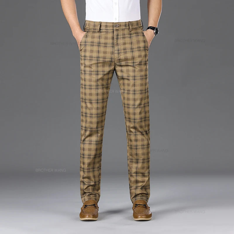 Slim‑Fit Plaid Cotton Pants