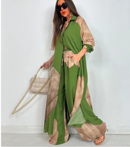 Spring Summer Elegant Lady Set Fashion Printed Long Shirt Top + Wide Leg Pants 2-piece Outfit  Casual Loose Oversized Women Sets