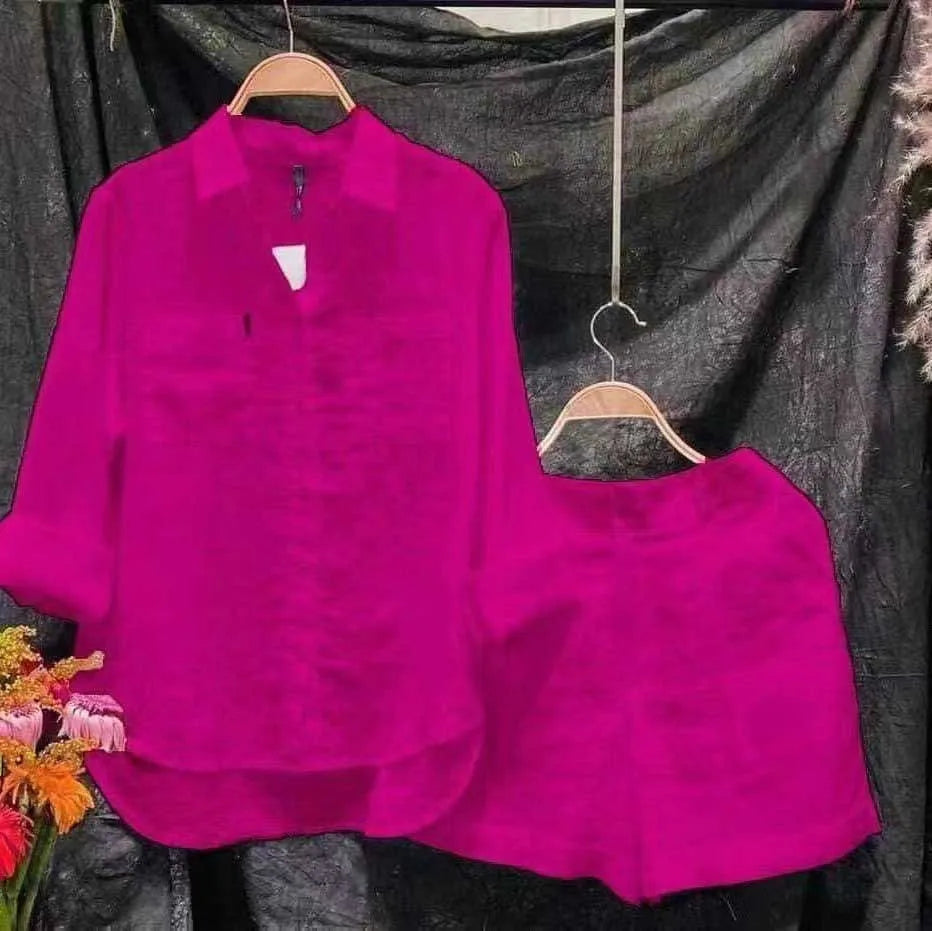 Spring Summer Short Set Women Fashion Green Casual Long Sleeve Shirt Top 2 Piece Set Female Holiday Solid New Suit Lady Clothing
