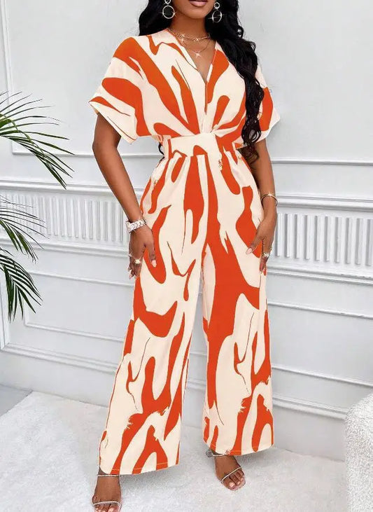 2024 Women Autumn Fashion Leopard Print Sexy V-neck Casual Horn Sleeve Elastic Waist Loose Comfortable Jumpsuit Jumpsuit Women