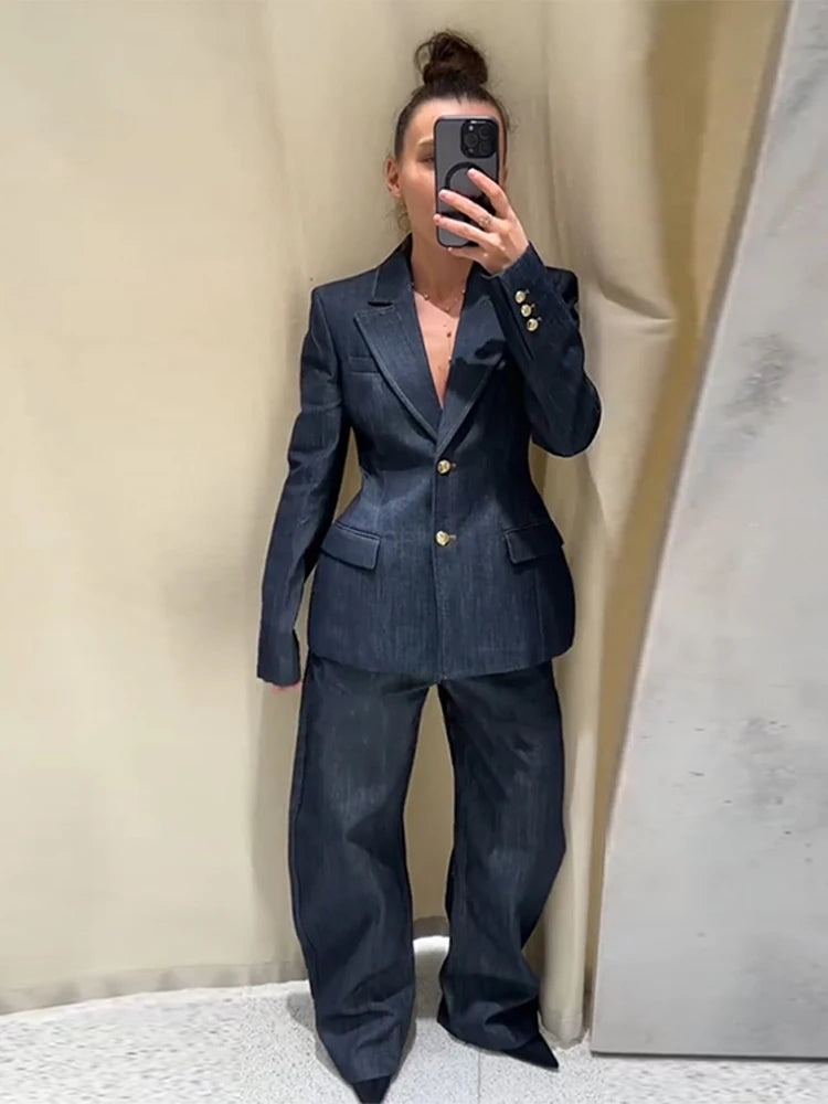 Elegant Denim Women's Trousers Sets Casual High Waist Vest Long Sleeve Slim Jacket Long Trousers Vintage Ladies High Street Suit