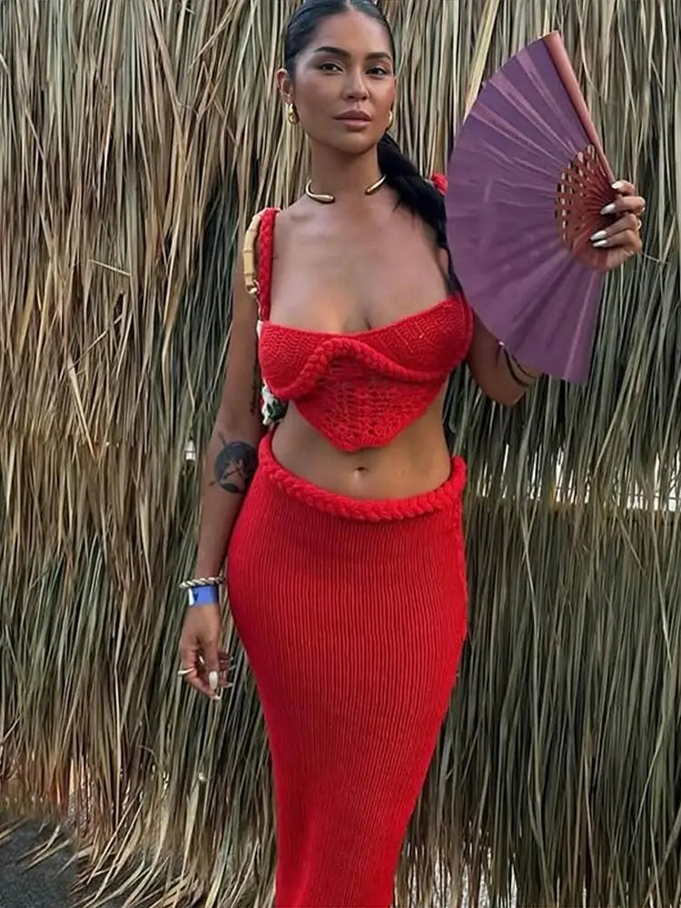Women’s Crochet Halter Bikini Top & Fishtail Skirt Set – Hollow‑Out Backless Beachwear Outfit