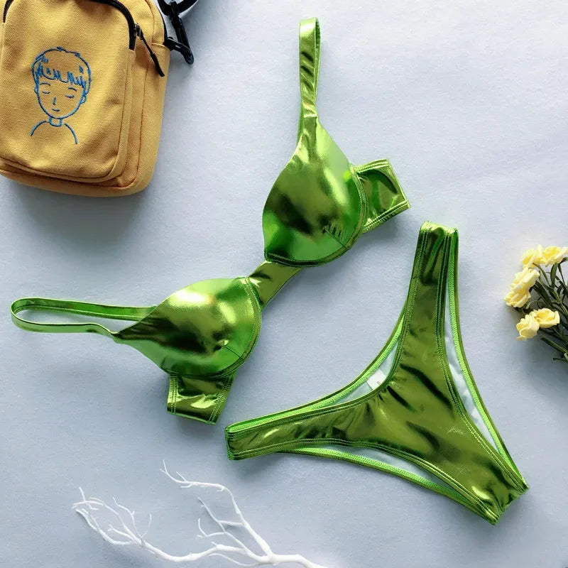 Metallic Push‑Up Thong Bikini