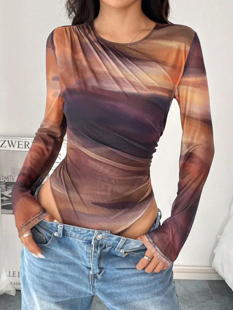 Women’s Pleated Mesh Floral Print Bodysuit