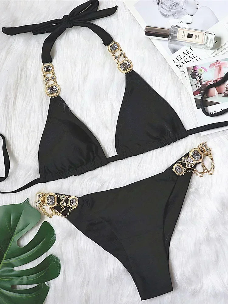 Women’s 2026 Rhinestone Diamond Bikini – Halter Chain Two‑Piece Swimsuit, Sexy Shiny Brazilian Swimwear
