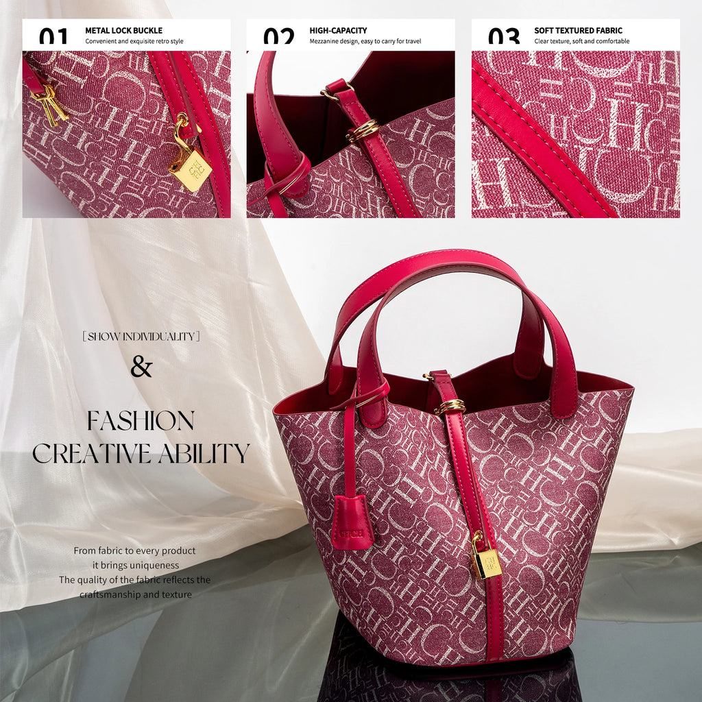 CHCH Women's Tote Bag 2024 New Large Capacity Basket Bag Classic Copper Lock Commuter Women's Bag