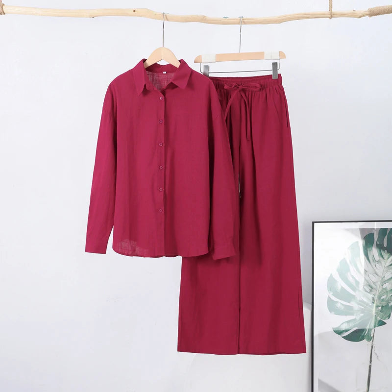 Casual Cotton Solid Women Pants Sets Lapel Single Breasted Loose Top Lace Up High Waist Wide Leg Pants 2025 Spring New Lady Sets
