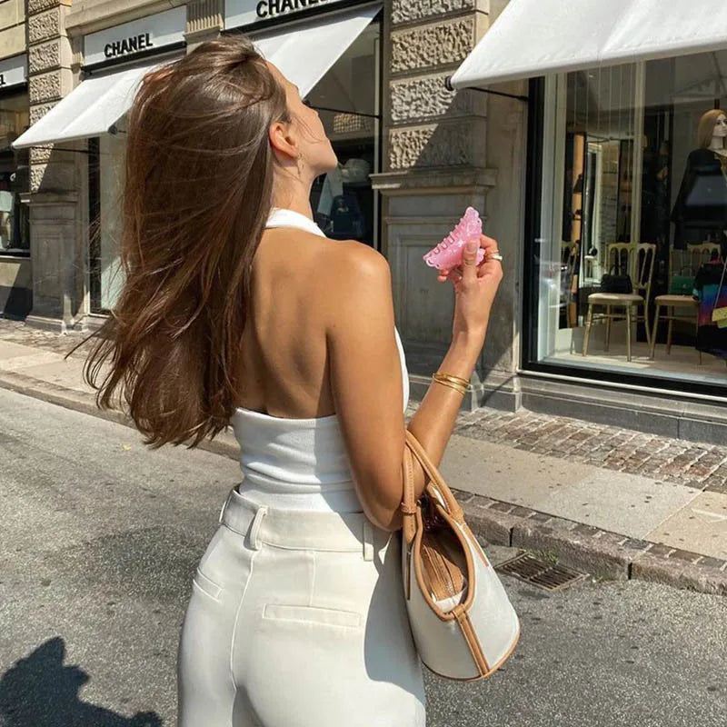 White Halter Backless Ribbed Knit Crop Top — 2023 Streetwear Feminino Style